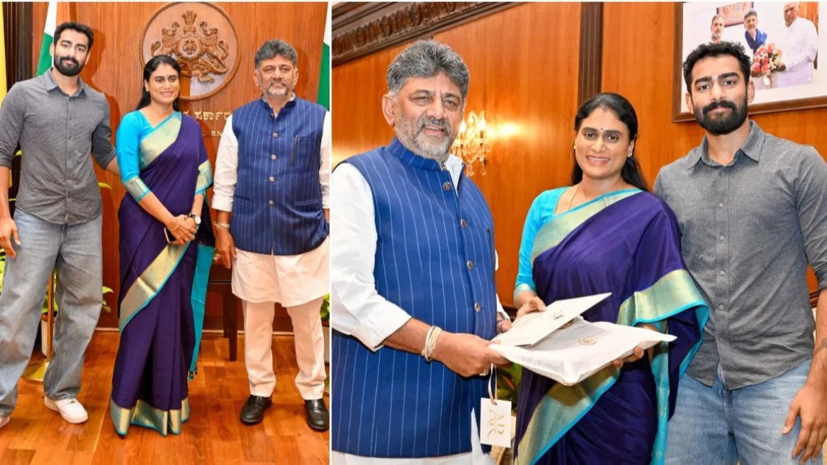 బెంగళూరు విధానసౌధలో షర్మిల: కుమారుడితో కలిసి సీఎం డీకే శివకుమార్ తో
