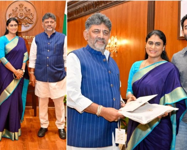 బెంగళూరు విధానసౌధలో షర్మిల: కుమారుడితో కలిసి సీఎం డీకే శివకుమార్ తో